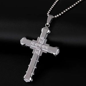 Large Titanium Steel Cross Pendant Diamond Necklace